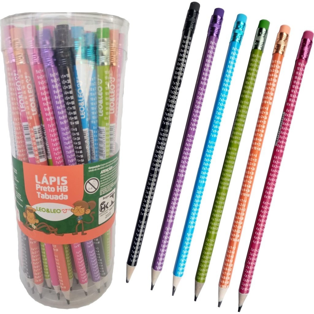 Kit Lápis de Escrever Preto HB Tabuada Decorado com Borracha LeoeLeo Material Escolar Escritório em Oferta na Shopee