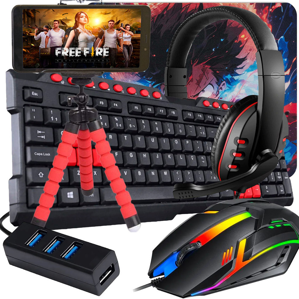 Kit Mobilador Jogos Com Headset Gamer Completo Hub 4 Portas Teclado Multimidia
