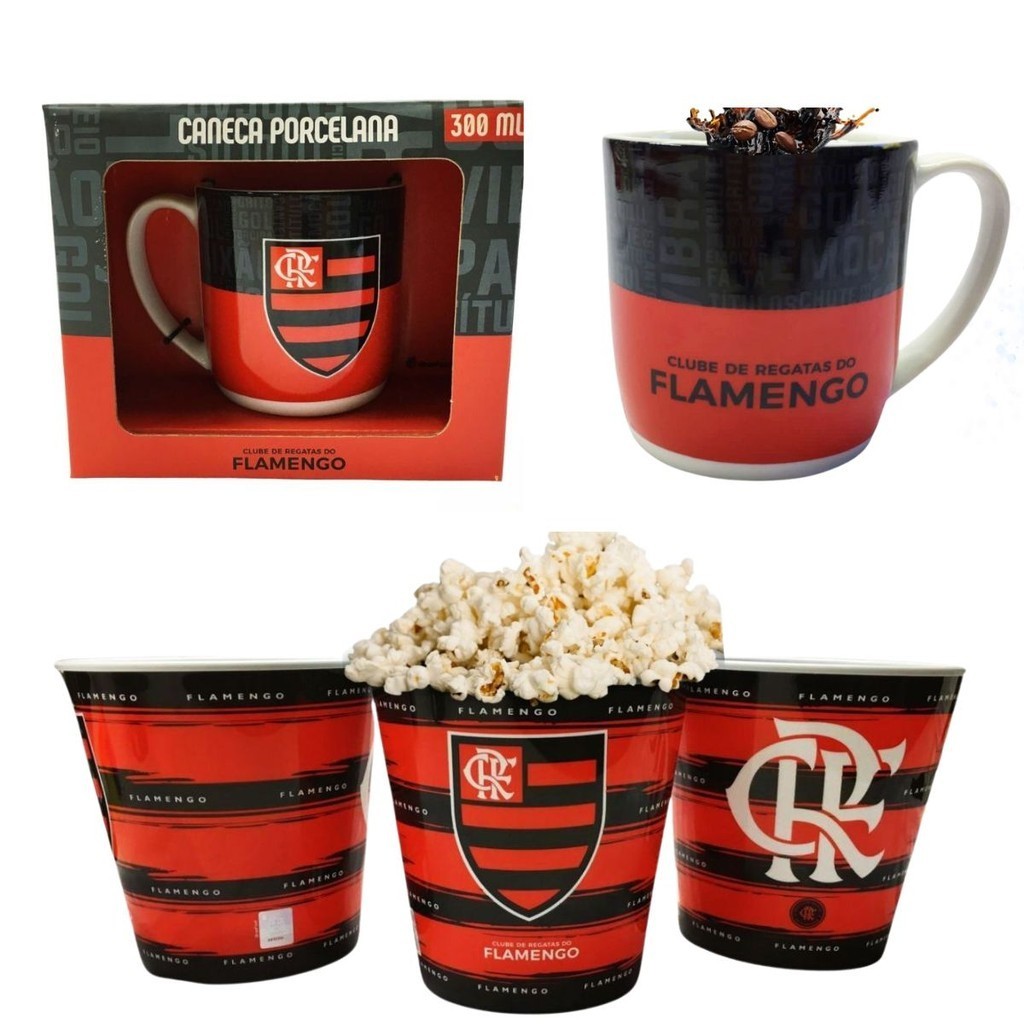 Kit 1 Balde Para Pipoca Grande 2,5l Time Flamengo + 1 Caneca Porcelana Premium 300ml Time Flamengo