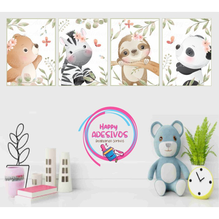 Adesivo Decorativo Infantil Animais Zoo Safari Decoração Quarto Menina Parede Placa Adesiva - Mod.04