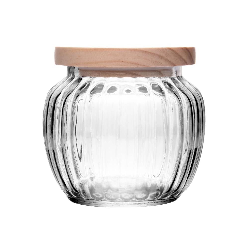 Pote Porta Mantimento de Vidro 600ml com Tampa de Pinus Wolff para Grãos Cereal Temperos Café Açúcar Organização Cozinha
