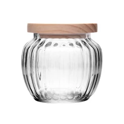 Pote Porta Mantimento de Vidro 600ml com Tampa de Pinus Wolff para Grãos Cereal Temperos Café Açúcar Organização Cozinha