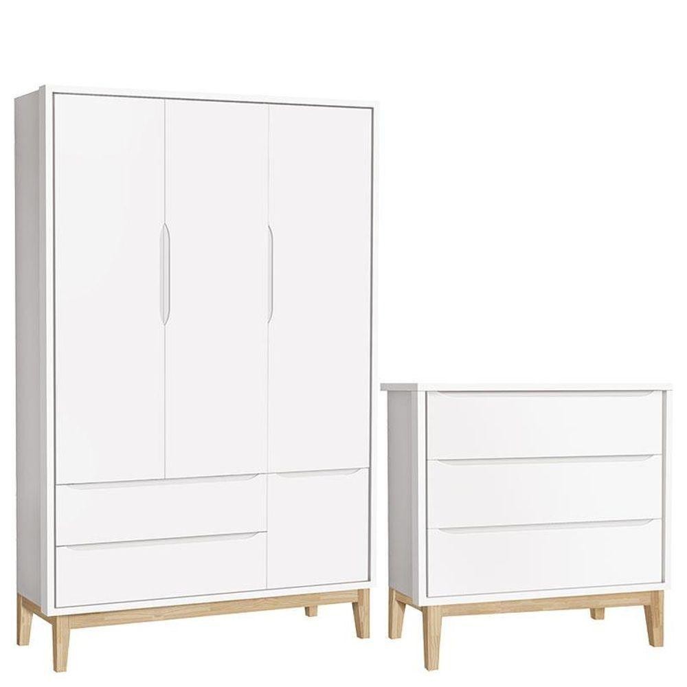 Cômoda Gaveteiro E Guarda Roupa Infantil 3 Portas New Classic Branco Com Pés Madeira Natural - Reller em Oferta na Shopee