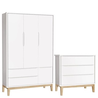 Cômoda Gaveteiro E Guarda Roupa Infantil 3 Portas New Classic Branco Com Pés Madeira Natural - Reller em Oferta na Shopee
