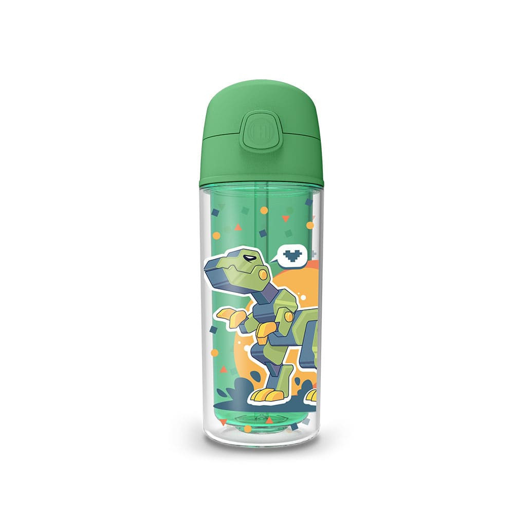 Garrafa Squeeze Termica 270ml Infantil Parede Dupla Canudo Silicone Agua Gelada Dinossauro