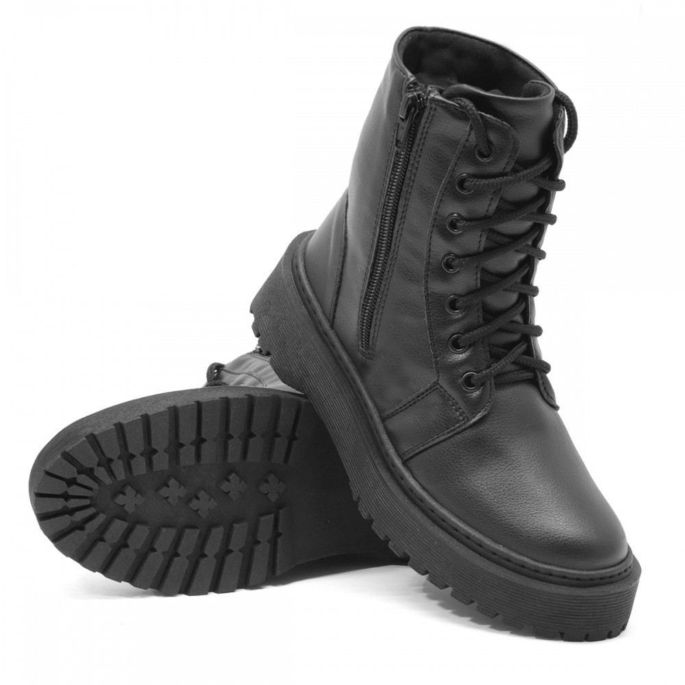 Bota Coturno Casual Feminino com Cadarço Zíper e Sola Borracha Costurada