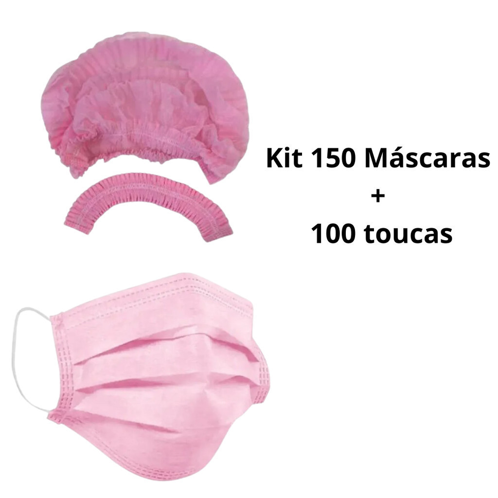 Kit 100un Touca Rosa + 150 Mascara Rosa Descartável