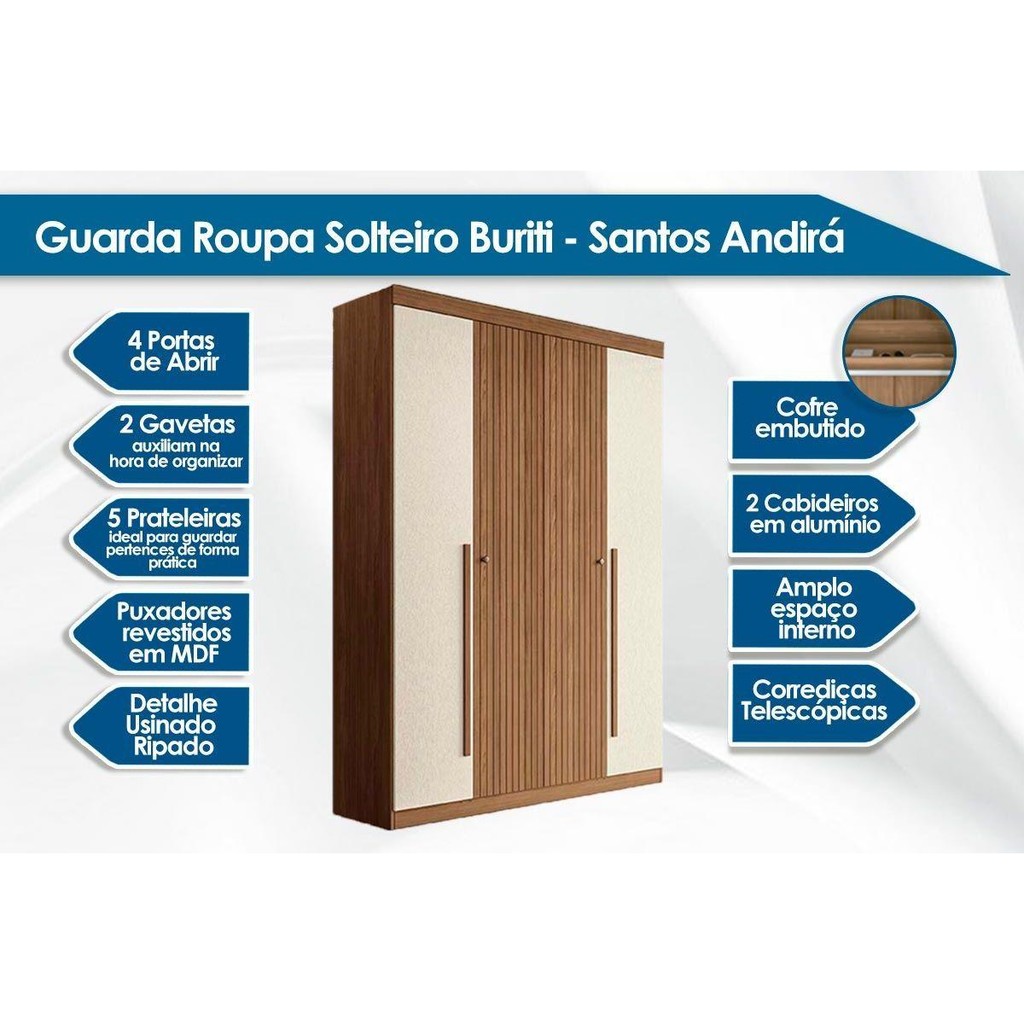 Detalhes do Guarda Roupa Solteiro 4 Portas e 2 Gavetas c/ Espelho e Pés Buriti Jatoba/Grafitte - Santos Andirá