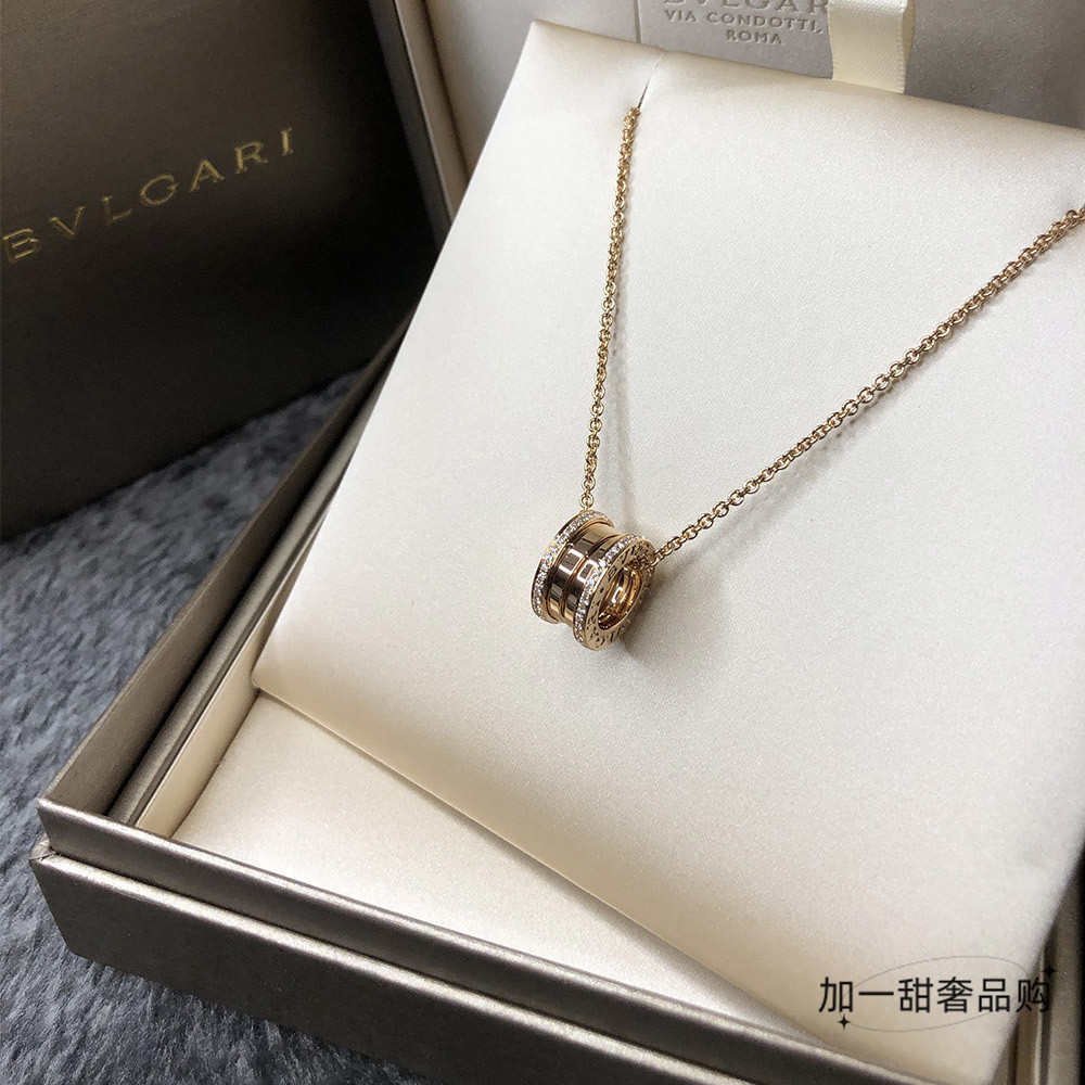 [Com Caixa] Bvlgari Bvlgari Bvlgari B. Zero1 Colar de Mola Ladies Rose Gold Trimmed Diamond Spring Necklace Pingente de Casal [Saco de Presente]