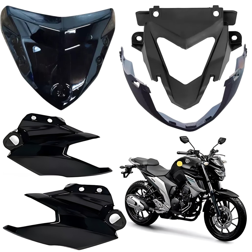 KIT CARENAGEM FAROL FRONTAL FAZER 250 FZ25 PRETO BRILHO 2018 2019 2020 2021 PARAMOTOS YAMAHA