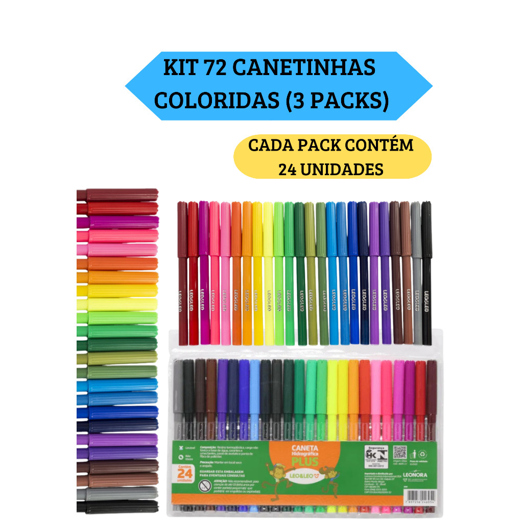 Kit 3 Packs (72 Unidades) de Caneta Canetinha Hidrográfica Hidrocor Com 24 Cores Leo&Leo em Oferta na Shopee