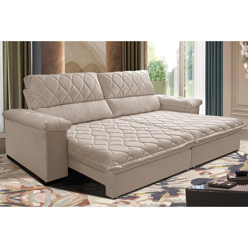Sofá Retrátil e Reclinável 2,15m Molas Ensacadas Cama inBox Big Home com Bordado 3D Velusoft Bege em Oferta na Shopee