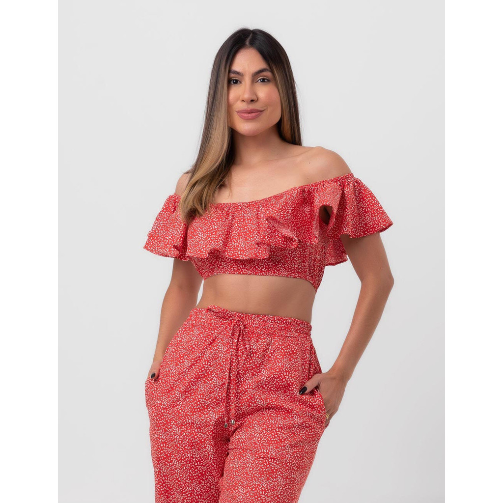 Blusa Tricoline Babado Jaguar Vermelho Pequiá em Oferta na Shopee