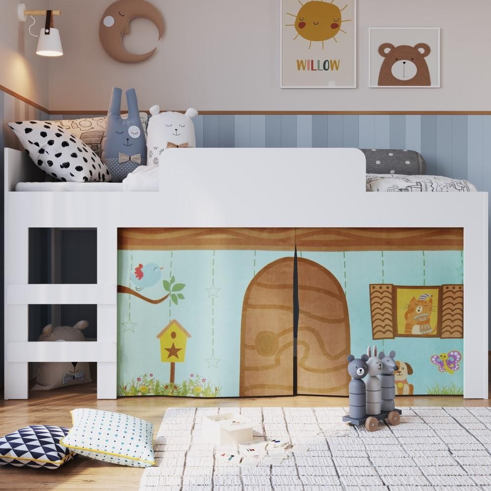 Cama Infantil Cortina Casinha Prateleira Quarto Branco