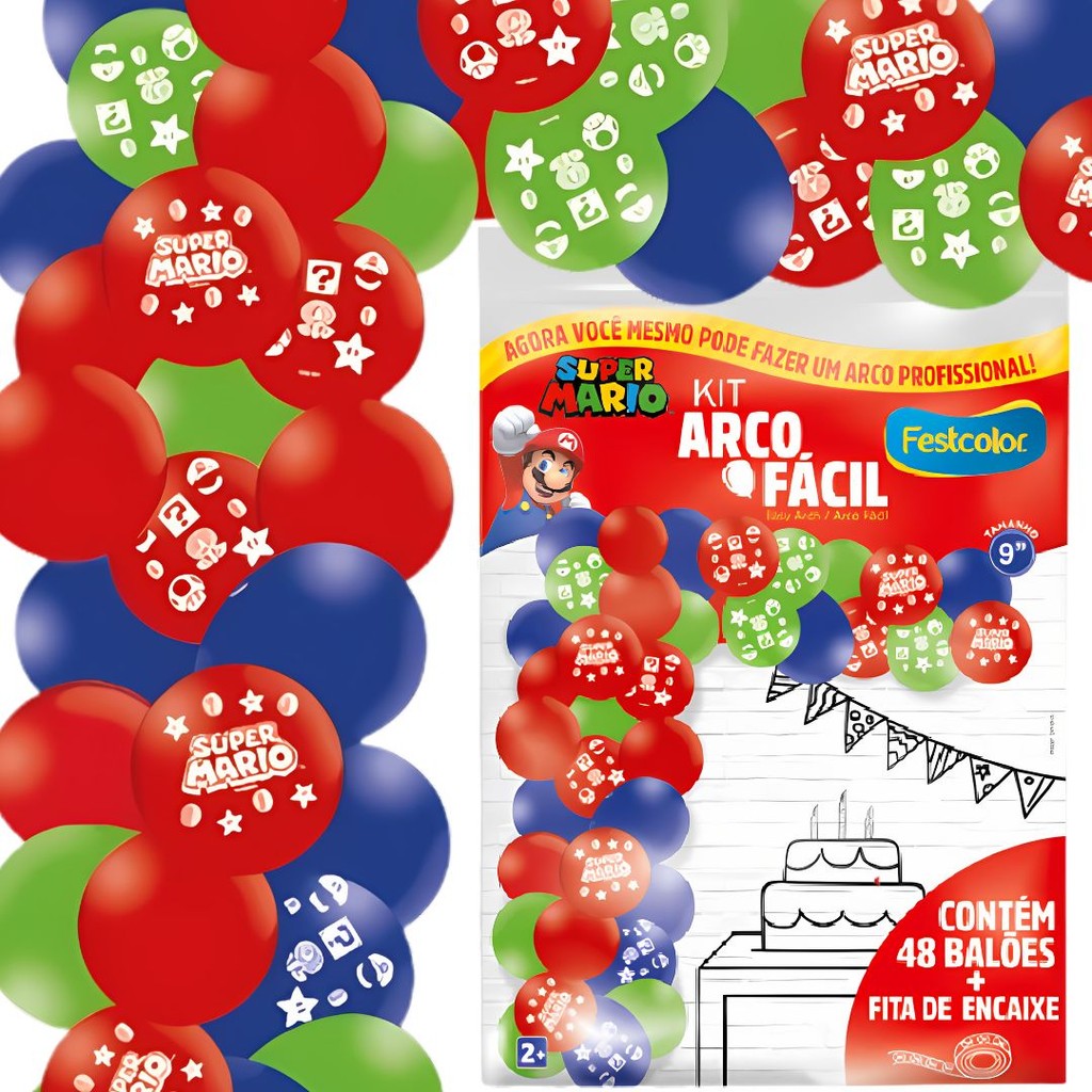 KIT ARCO FACIL DE BALOES SUPER MARIO  n°9 48 UN + 1 FITA ARCO  FESTCOLOR em Oferta na Shopee