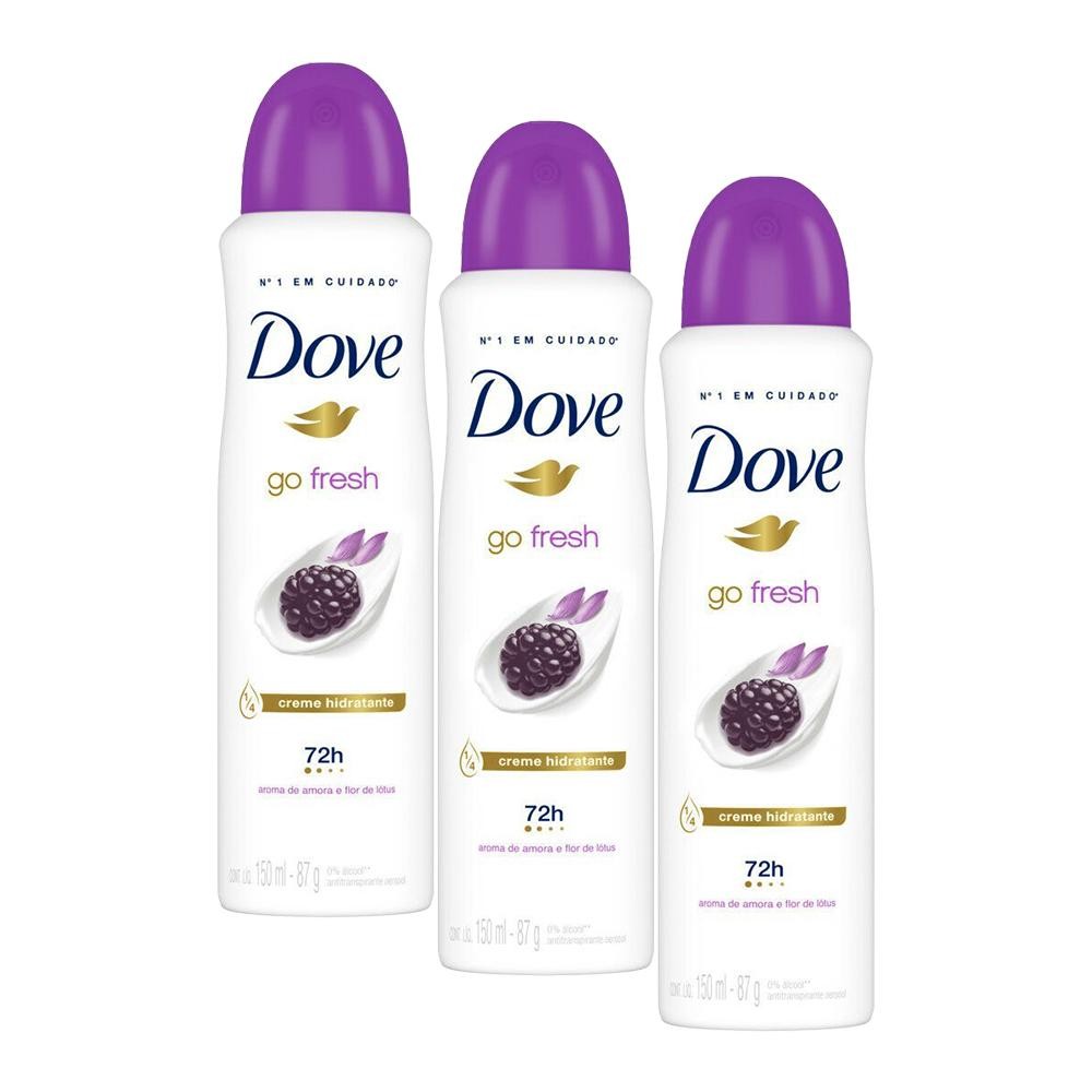 Kit com 3 Desodorantes Antitranspirantes Aerosol Dove Go Fresh Amora e Flor de Lótus 150ml