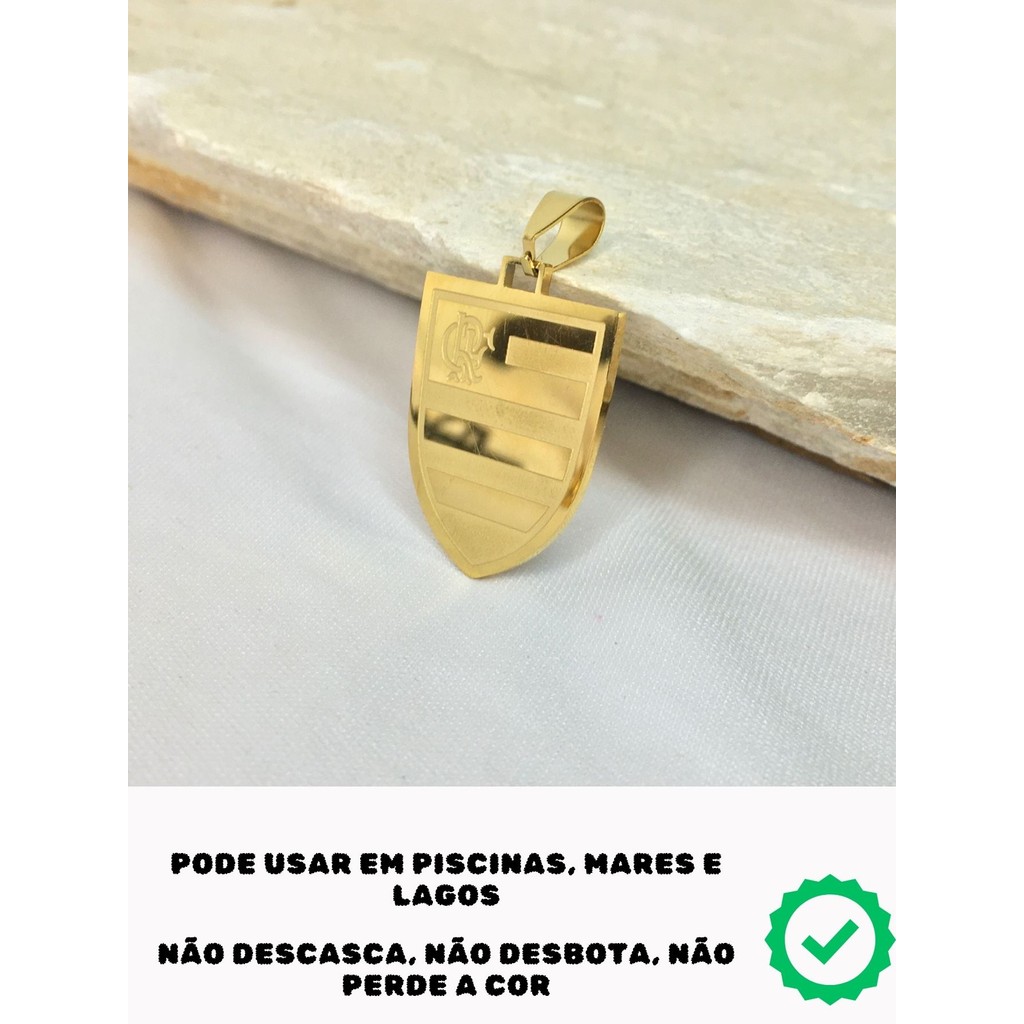 Pingente Masculino Escudo Time Flamengo CRF Dourado Mengão Aço Inox Prova D'Água