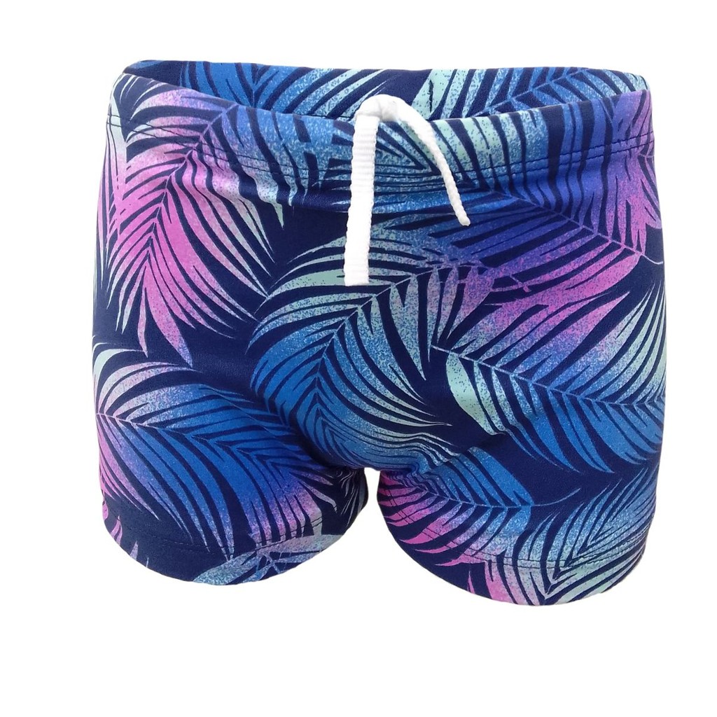 Sunga Boxer Infantil Proteção Uv 50fps Natação Forrada Folhas Roxas Degrade Piscina Praia Com Cordão