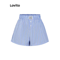 (Trendy) Lovito Casual Curto Listrado Botão Básico Verão/Primavera Curto Para Mulheres L105MD129