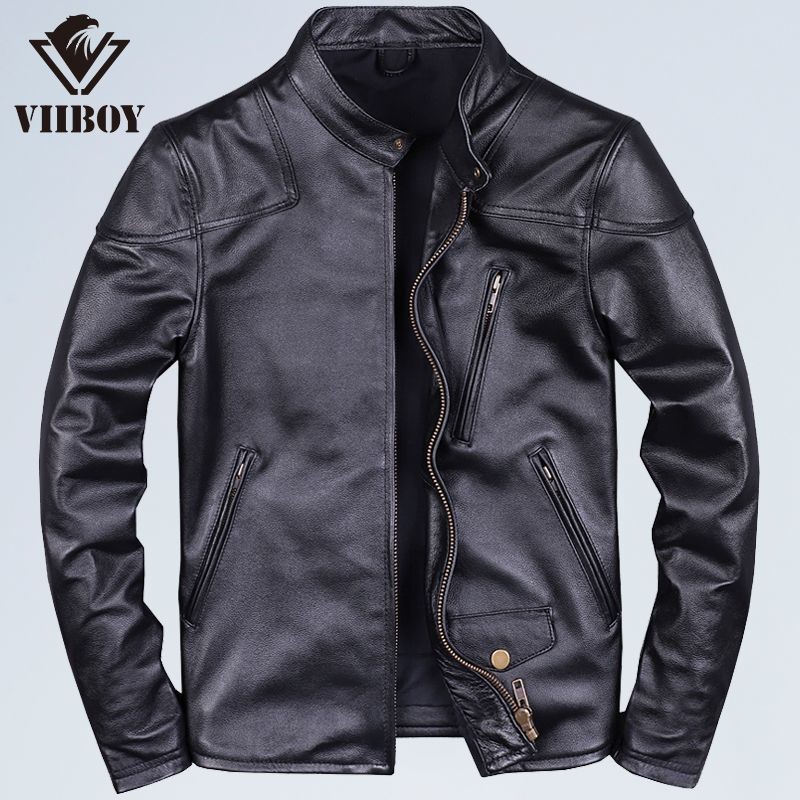 Clássico veneno mesmo estilo primeira camada de couro Retro jaqueta de couro gola magro-ajuste jaqueta de couro genuíno