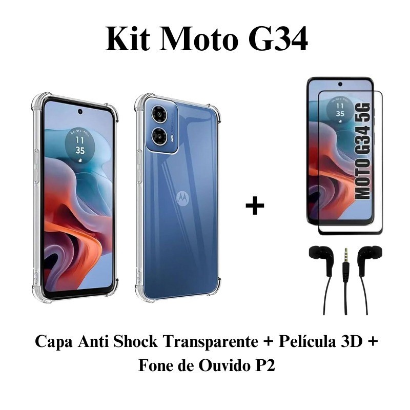 Kit Capa Transparente + Película 3D de Vidro + Fone de Ouvido Estéreo P2 para Mo
