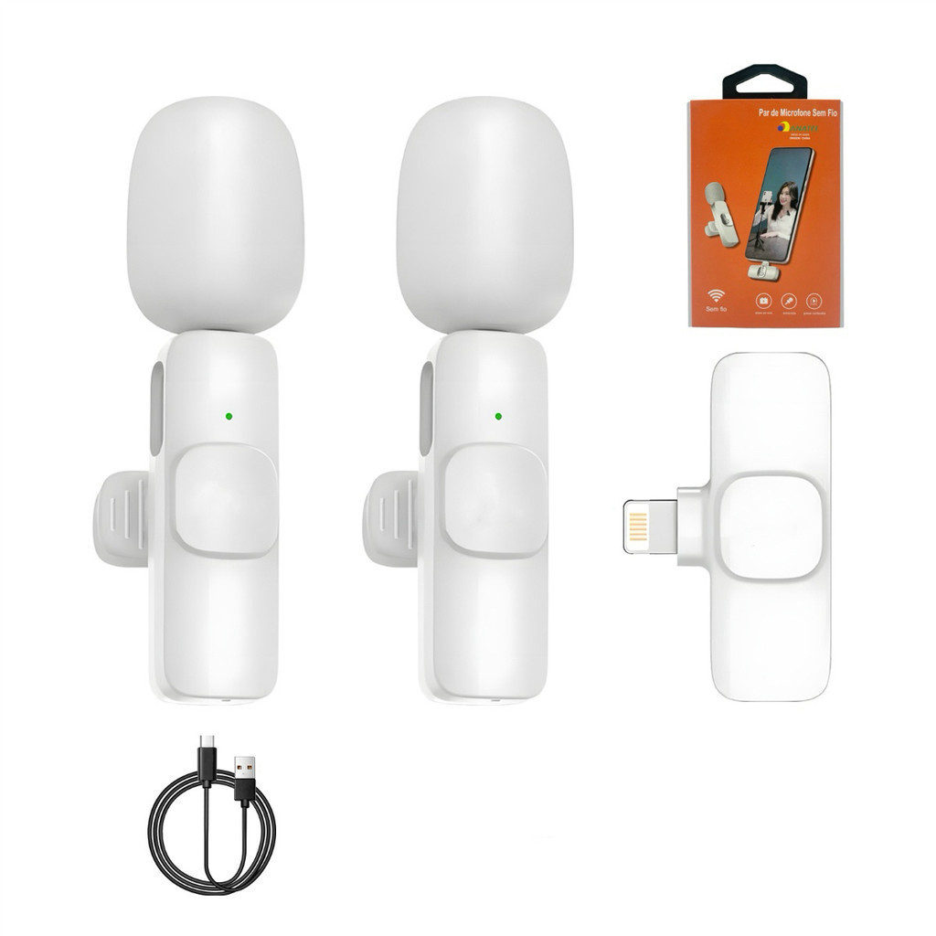 Microfone de Lapela Sem Fio 2 em 1 para iPhone iOS Duplo Recarregável Áudio Profissional para Live Podcast Vídeos