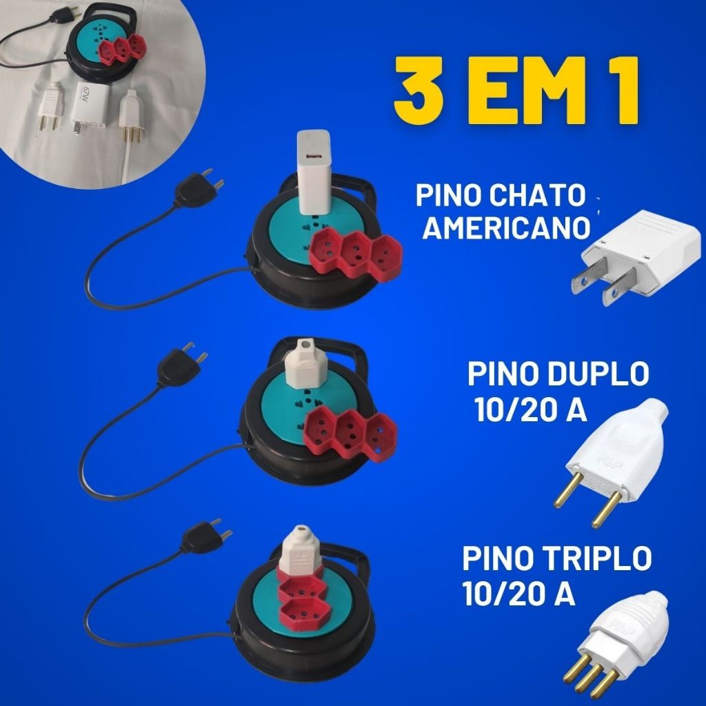 EXTENSÃO 3 em 1 COM 5 METROS  REDONDA RETRATIL 110-220V bivolt 3 ENTRADAS - COR SORTIDA