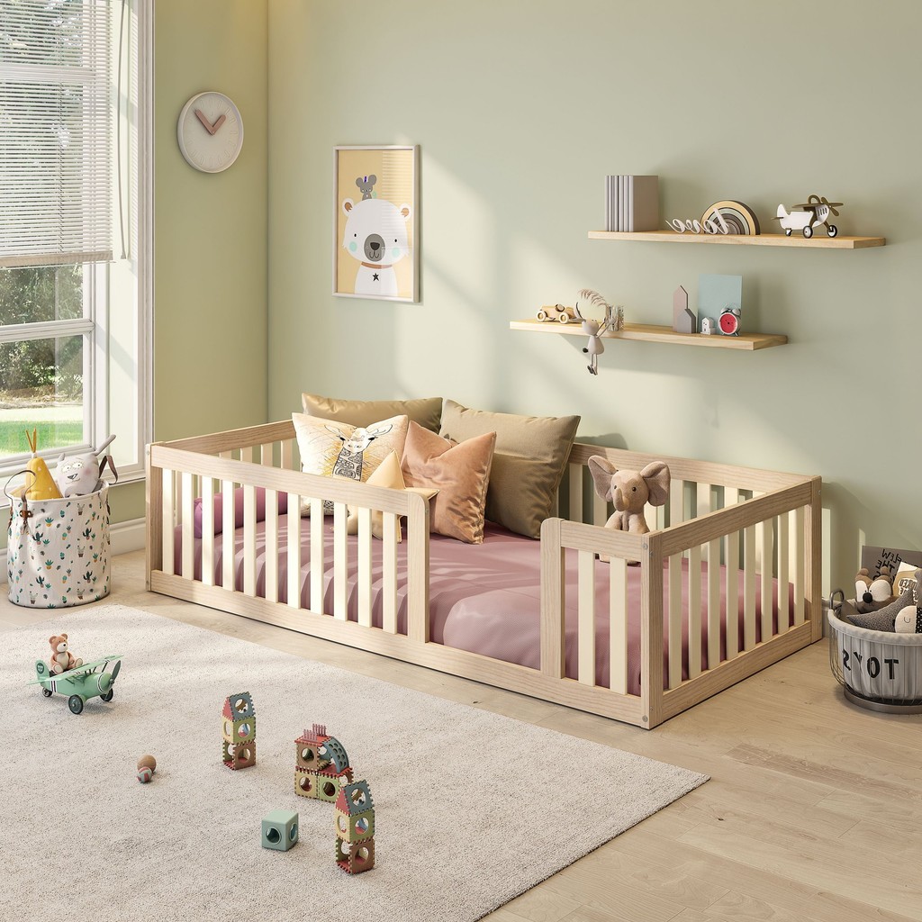 Cama Montessoriana Solteiro Com Grade Giulia Casatema Natural - Mom & Baby