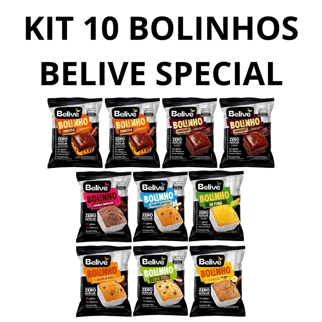 Kit 10 Bolinhos Belive|Sem Glúten-Leite -Açúcar|Chocolate e Cenoura Coberto|Fubá|Banana|Laranja|Baunilha|Coco|Chocolate