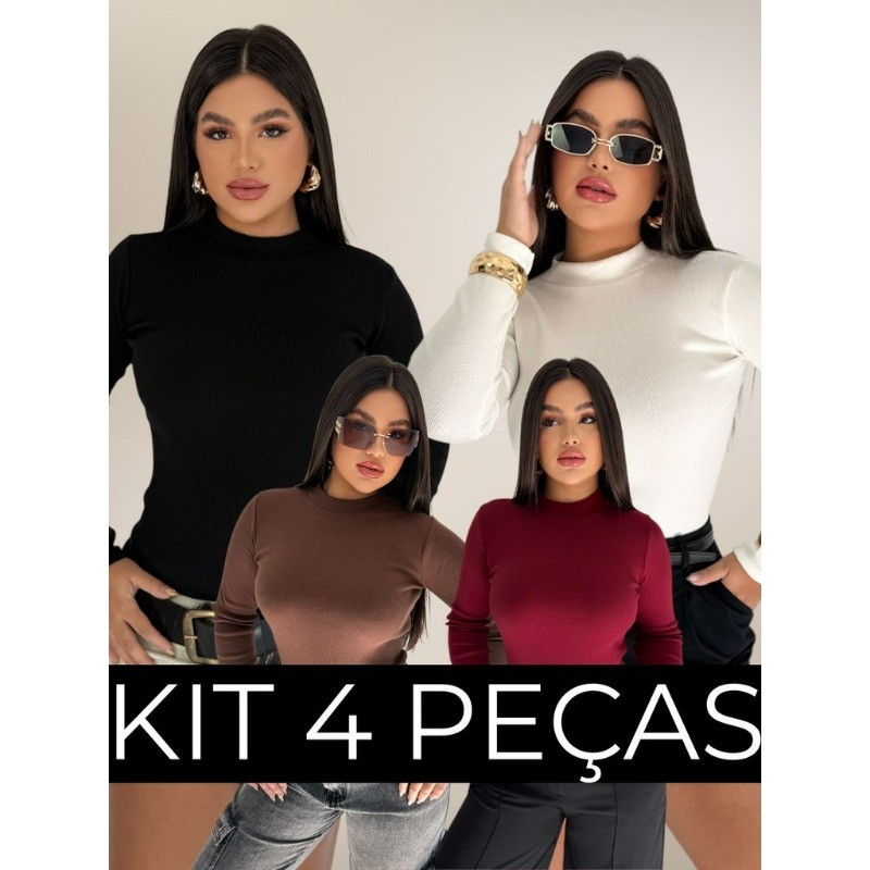KIT 4 BLUSAS FEMININA OUTONO INVERNO MANGA LONGA CACHARREL GOLA ALTA RIBANA CANELADA