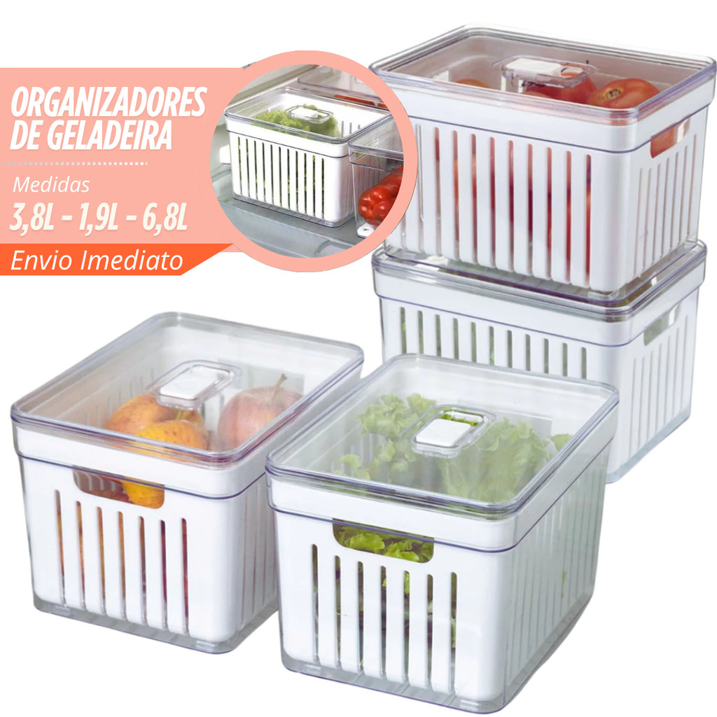 Kit 4 Organizador de Geladeira 3,8 Litros Cesto ou 1,9 Com Tampa Multiuso Alimento Verdura e Vegetal