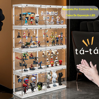Caixa de Exibição para Action Figures 6 LEDs com Controle por Voz Porta Magnética 3 Prateleiras Ajustáveis Transparente