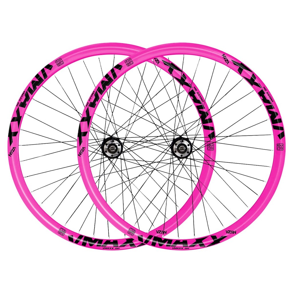 Par 2 Roda Aro 26 Montada Vzan Vmaxx Freio a Disco Cubo Cassete K7 Paredão Rosa Neon