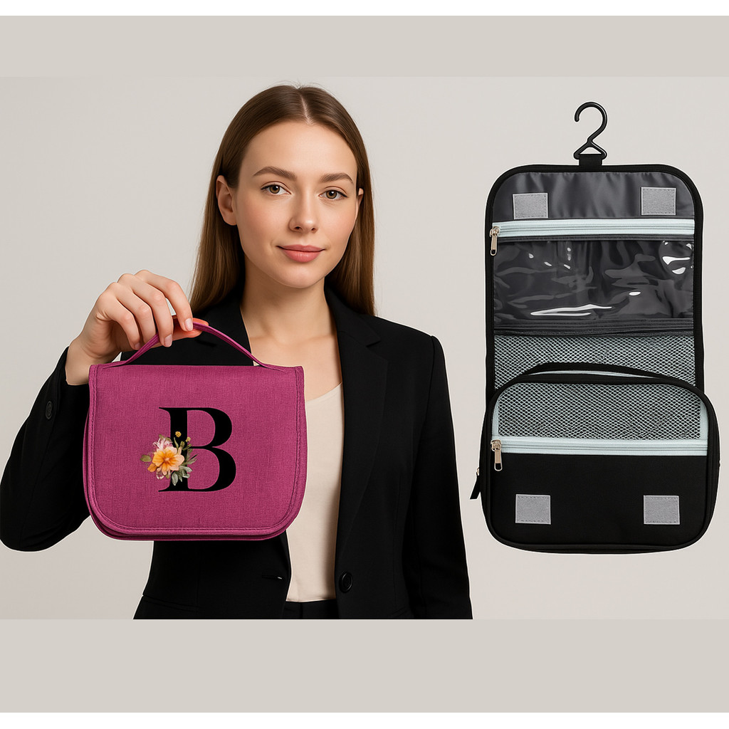 Necessaire de nylon oxford com divisórias para organização ROSA Personalizada com Inicial