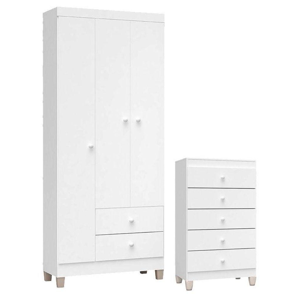 Cômoda Gaveteiro E Guarda Roupa 3 Portas Ternura Baby Branco Flex – Incorplac