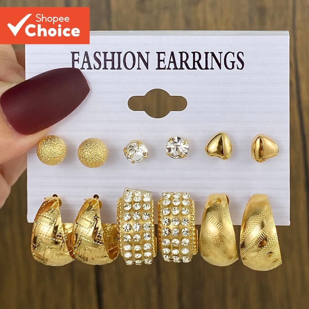 Nova Moda Simples Coração Pérola C Forma Brincos Conjunto Com Diamantes 6 Peças Versátil Moderno De Jóias Para Mulher