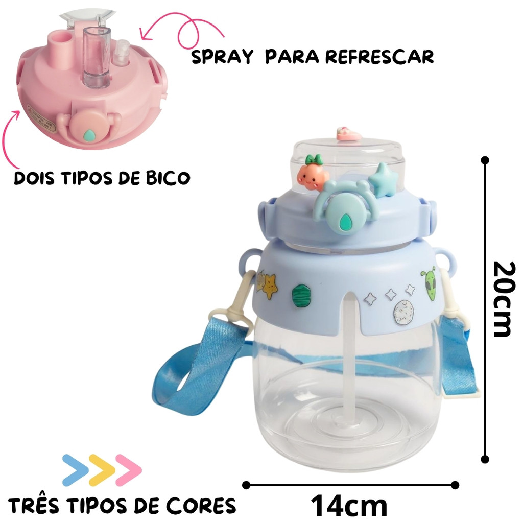 GARRAFINHA INFANTIL 1.300ML COM ALÇA + ADESIVOS + PIN DECORATIVO – 3 CORES DIVERTIDAS em Oferta na Shopee