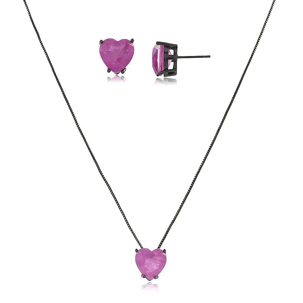 Conjunto Coração Fusion Fúcsia Ródio Negro Feminino Elegante Moderno e Sofisticado