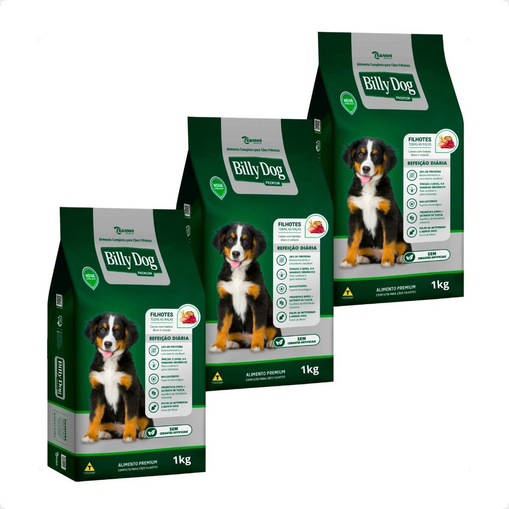 Kit 3 Ração Billy Dog 1Kg Cães Filhotes Refeição Diária em Oferta na Shopee