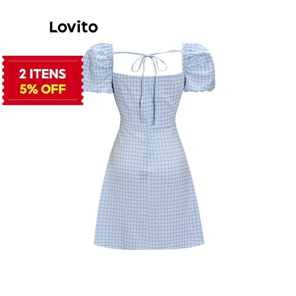 (Trendy) Lovito Vestido de Gola Quadrada com Amarração Mangas Bufantes e Estampa de Xadrez para Mulheres L55AD100 (Azul)