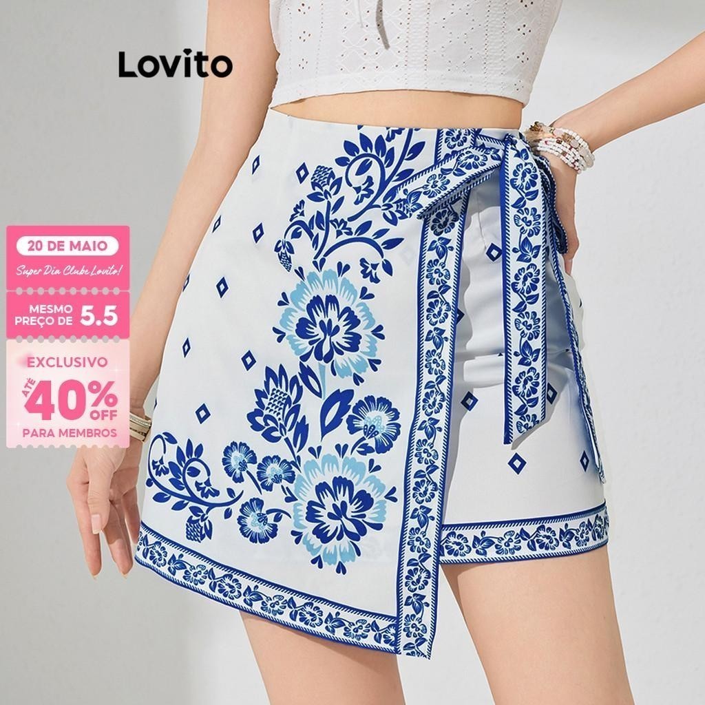 (Trendy) Lovito Shorts Boho Floral Falso 2 Em 1 Shorts Para Mulheres L113MD291 - Women Clothes