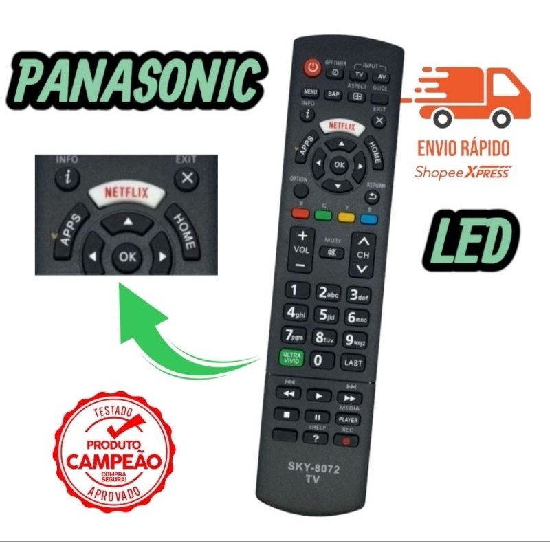 Controle Remoto Compativel Tv Panasonic Viera Smart TC-40DS600B TC-43DS630B TC-49DS630B FBG-8072