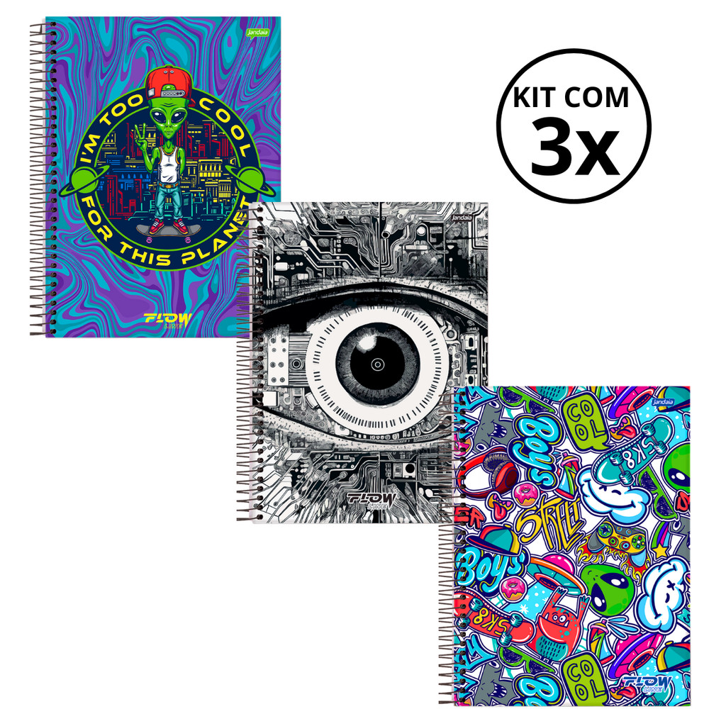 Kit 03 Cadernos Universitário 10 Matérias 160 Folhas Flow - Jandaia CAPA:Alien/Olho/Boys