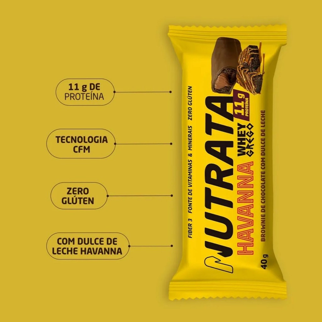 Detalhes do Barra Whey Grego Caixa Com 12 Unidades de 40g Nutrata Brownie de Chocolate Dulce De Leche Havanna
