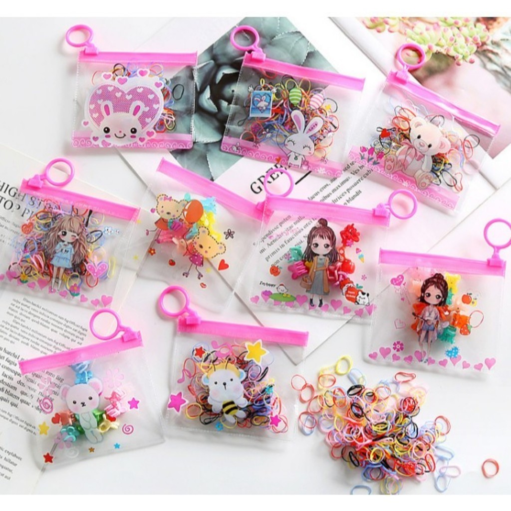 Kit 3/6/9/12 bolsinha com 100 Peças Elástico De Cabelo 1200 Peças Feminino Saco ziplock de desenho animadodioro em Oferta na Shopee
