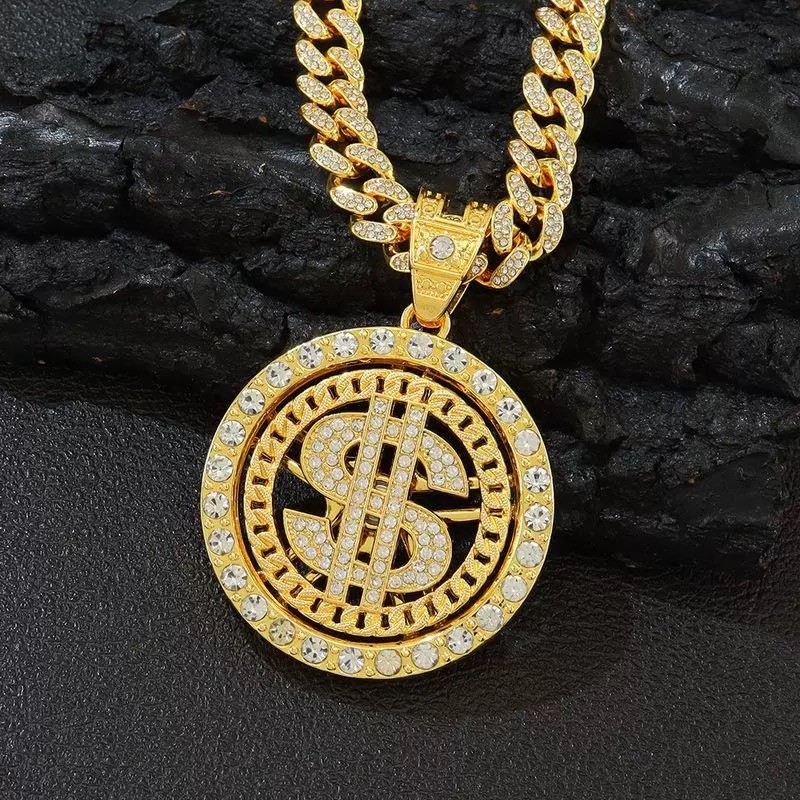 Colar de ouro com pingente giratório de dólar redondo e diamantes exagerados Hip-Hop