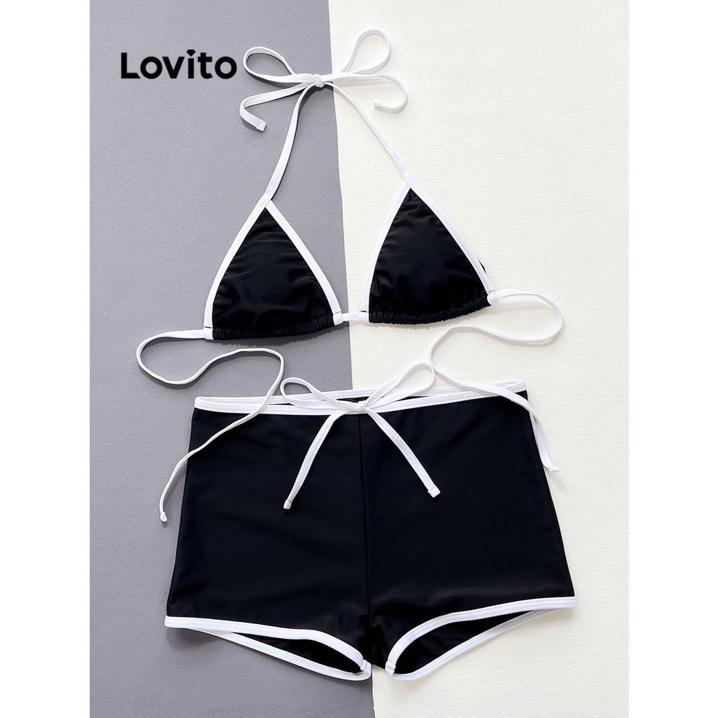 Detalhes do Lovito Conjuntos De Biquíni Casuais Com Amarração De Contraste Liso E Conjuntos De Biquíni Para Mulheres LNL77386