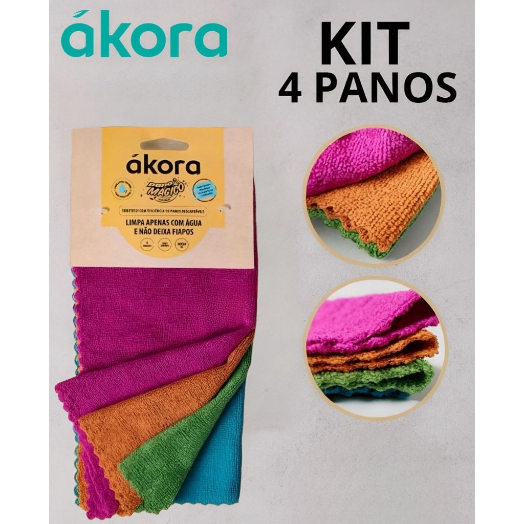 Kit 4 Pano Mágico Multiuso Sem Costura Ákora Limpeza Fácil com Água Não Solta Fiapo Alta Absorção