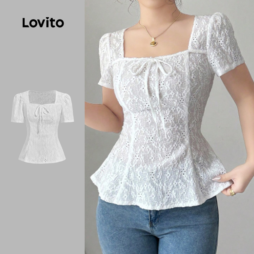 Lovito Camiseta Elegante Levemente Transparente Amarração Frontal Primavera/verão Off-white Camiseta Feminina L138ED075 em Oferta na Shopee
