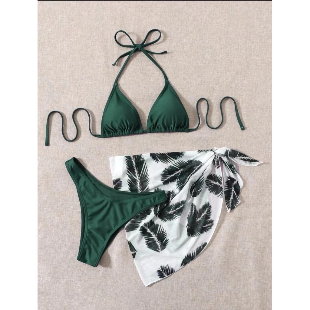 Biquíni Feminino 3 Peças com Saída de Praia Estampa Tropical Folhas Conjunto Praia em Oferta na Shopee